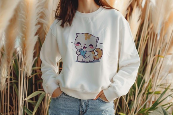 Cute Cat Bite Fish Embroidery